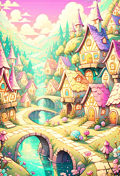 (whimsical cyber fairy grunge village illustration:1.3), grunge elements effortlessly blend with fairy tale aesthetics, (((the i...