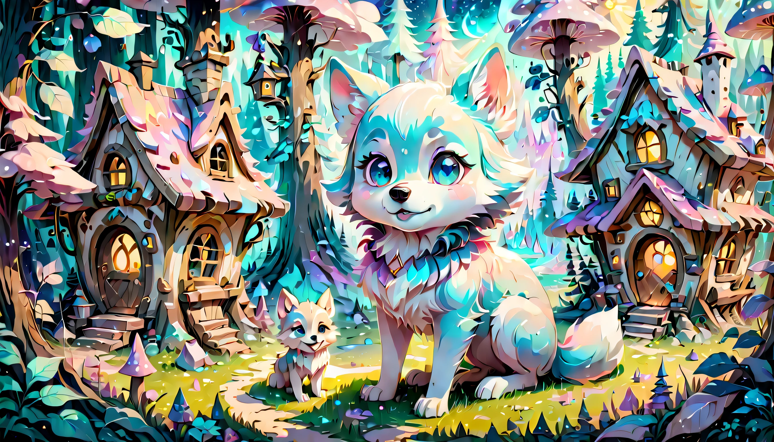 PEEpicLand Fairy tale style fairy village illustration, Unparalleled sharpness and clarity, PastelColors, Cute, kawaii, lovely, Pretty, (((Radiosity rendered in stunning 32K resolution:1.3))),All captured with sharp focus, Highest Quality, hightquality, Stunning composition featuring a cute wolf pup, dim light, Showcasing the artist&#39;s skillful brushwork. amazing stylish magic wand,