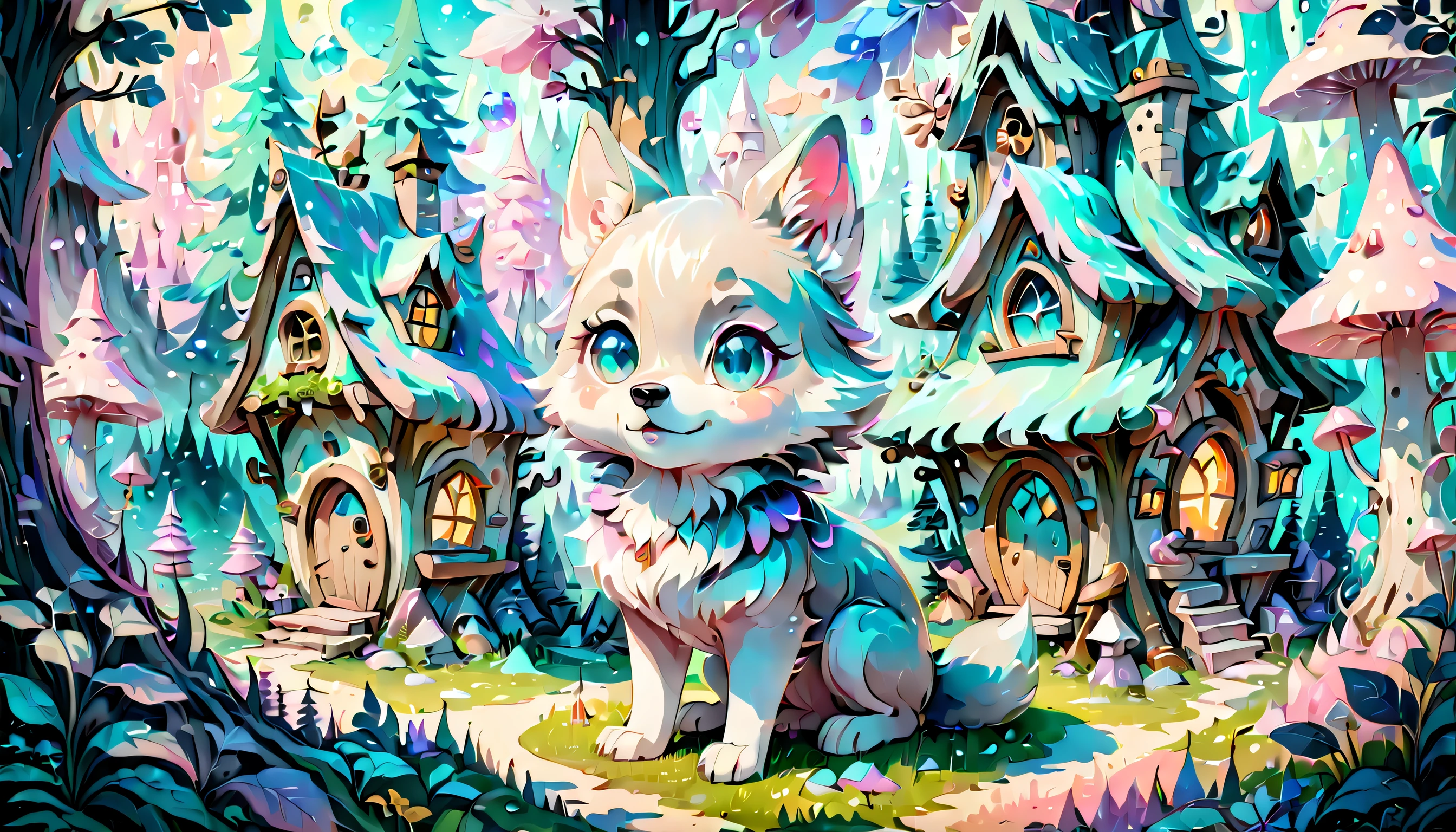 PEEpicLand Fairy tale style fairy village illustration, Unparalleled sharpness and clarity, PastelColors, Cute, kawaii, lovely, Pretty, (((Radiosity rendered in stunning 32K resolution:1.3))),All captured with sharp focus, Highest Quality, hightquality, Stunning composition featuring a cute wolf pup, dim light, Showcasing the artist&#39;s skillful brushwork. amazing stylish magic wand,