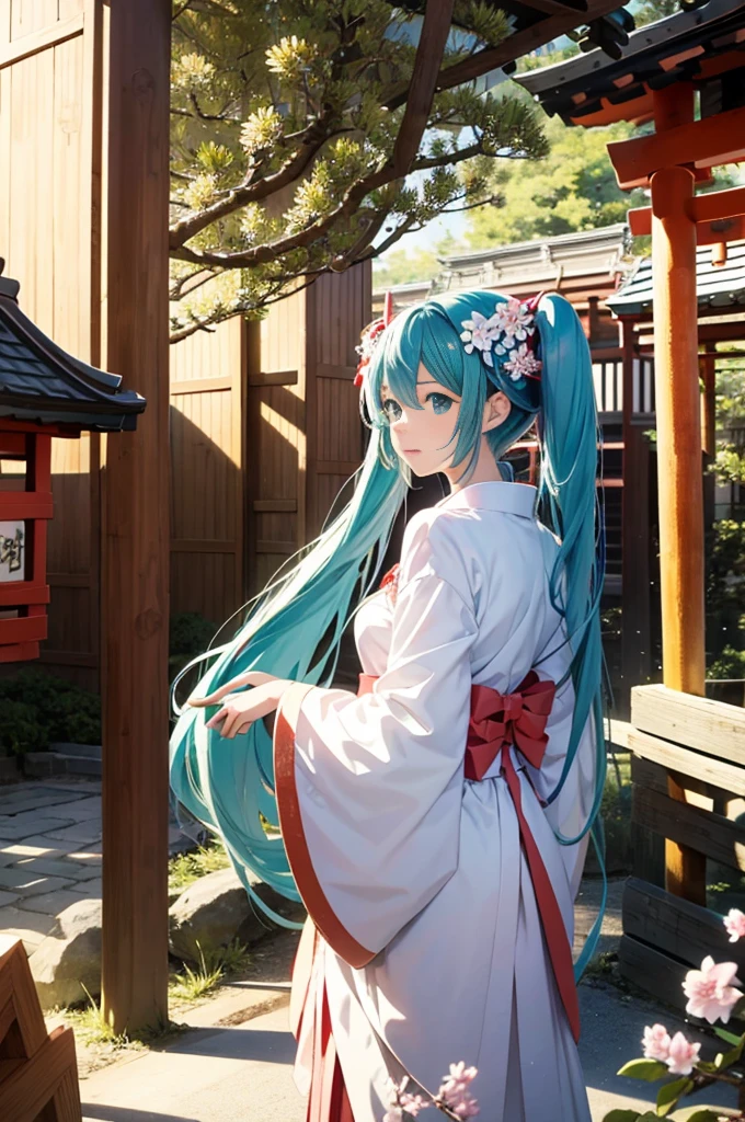 miku hatsune，kimono，new year，January，Kagami mochi，Kadomatsu，Pines，bamboo，Plum Blossom，shrines，torii gate，flower arrangement，