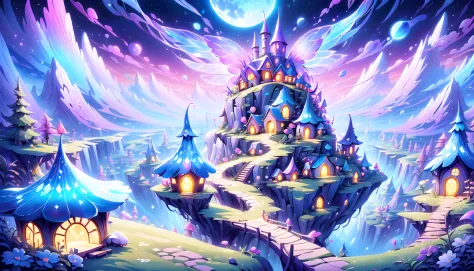 (((stunning composition featuring a holographic rendered illustration of a cute fairy village:1.3))), elegantly juxtaposed again...