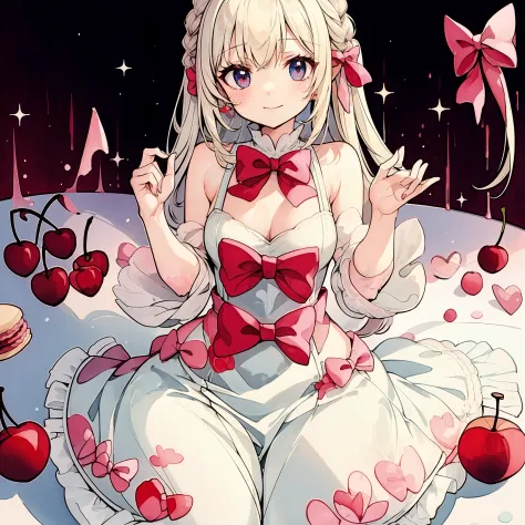 Masterpiece, best quality, high quality, ultra detailed, A cute bottle, bow, macaron, cherry, 1girl