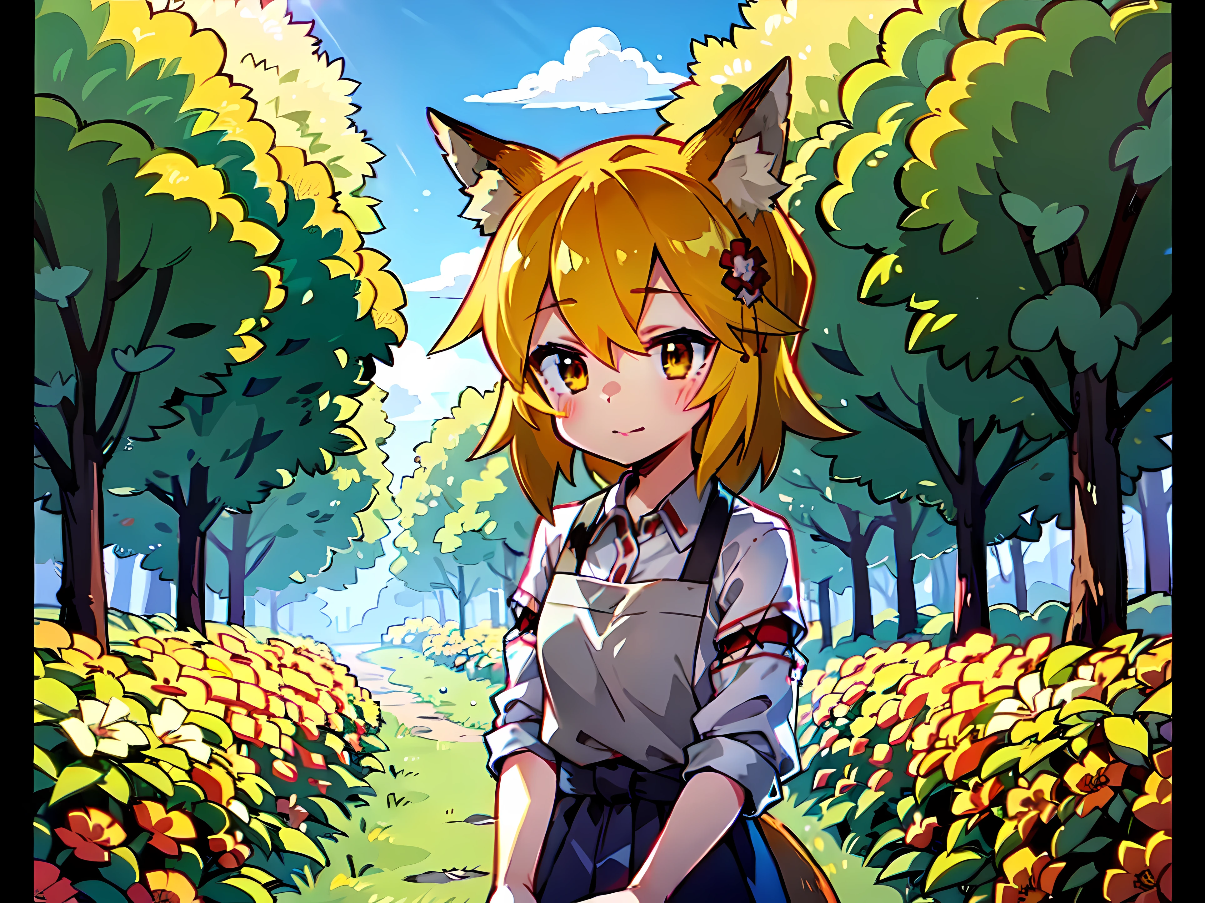 A  girl, Fox ears, 4K Image, flowers of different colors, field, Beautiful trees, Maximum details, village, at home, Beautiful cloud