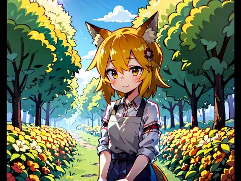 A  girl, Fox ears, 4K Image, flowers of different colors, field, Beautiful trees, Maximum details, village, at home, Beautiful c...