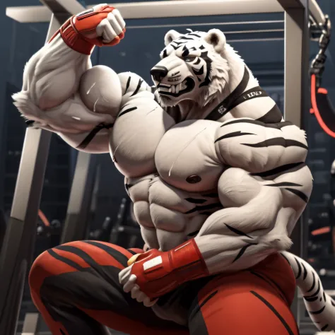 Bodybuilder white tiger fucking bodybuilder polar bear  in doggy position and flexing in gym with grin face and big erect  and sweat body.