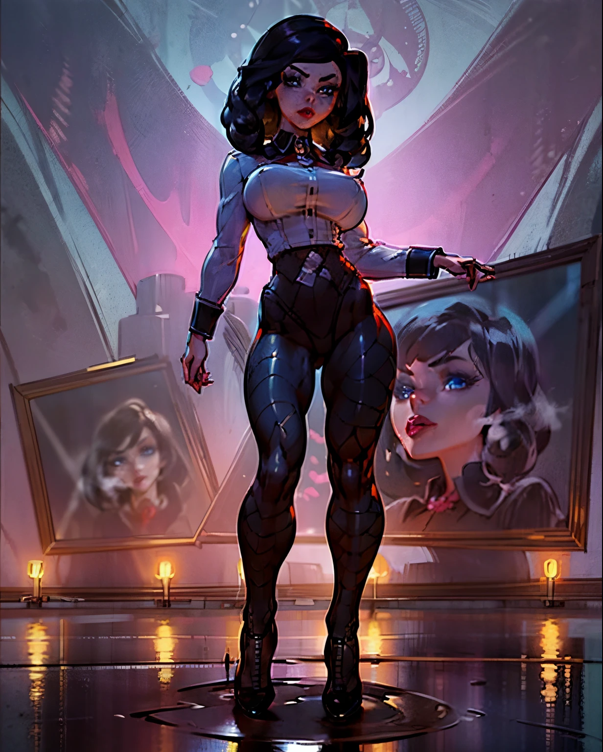 (Detailed Lights, Detailed Shadows), 1Woman, black Hair, (Elizabeth), Bioshock infinite, , White blouse, ((Detailed Eyes)), ((85mm torso body view:1.3)), black Eyetremely Detailed Clotheodern Clotheeautiful Hair, Muscular, glowing blue eyes, puffy lips, large breasts, Hair Down, Extremely Detailed Background, Beautiful Background