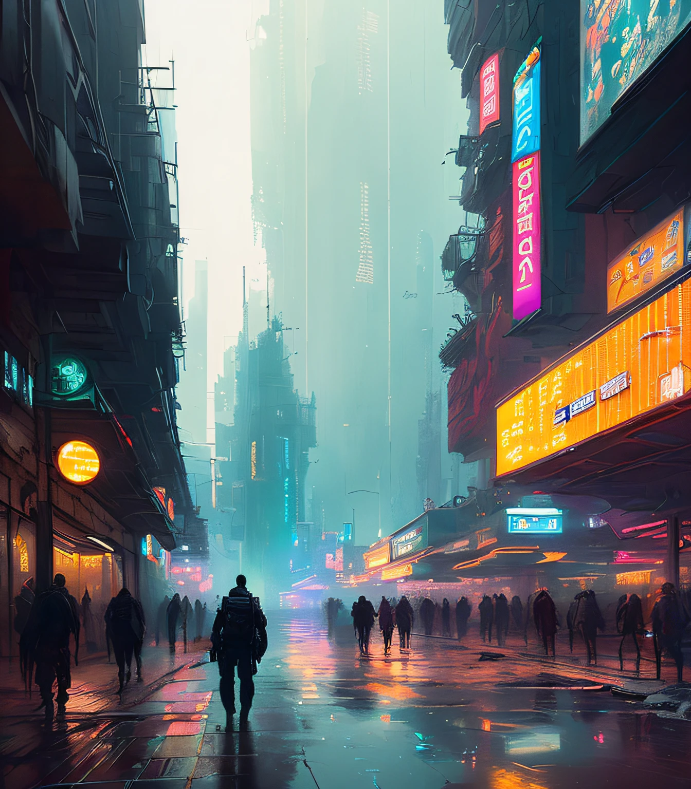 (masterpiece) high detailed RAW, a post apocalyptic man with a backpack  walking through a vivid rainbow themed cyberpunk city , hassanfantasy style , by Jeremy Mann and Donato Giancola ultra realistic highly detailed intricate photorealistic add the people in it also in blur format