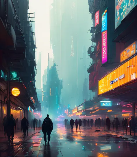 (masterpiece) high detailed raw, a post apocalyptic man with a backpack  walking through a vivid rainbow themed cyberpunk city ,...