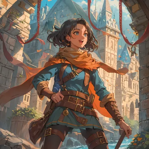 Solo heroic female adventurer in a medieval high fantasy ISEKAI setting, vibrant colors, upbeat tone, energetic, happy to see yo...