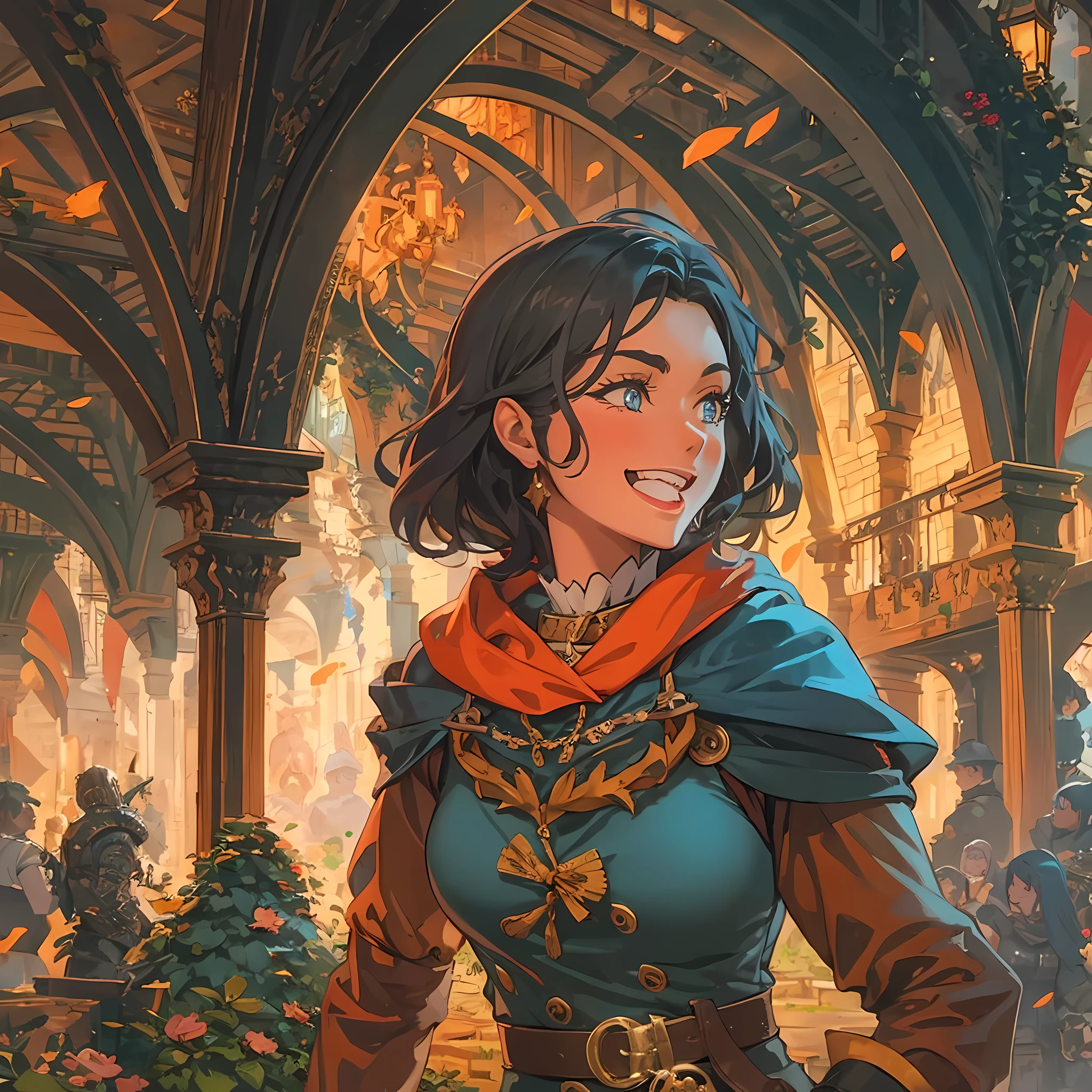 Solo heroic female adventurer in a medieval high fantasy ISEKAI setting, vibrant colors, upbeat tone, energetic, happy to see you, 90's, vintage feel