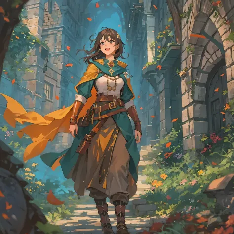 Solo heroic female adventurer in a medieval high fantasy ISEKAI setting, vibrant colors, upbeat tone, energetic, happy to see yo...