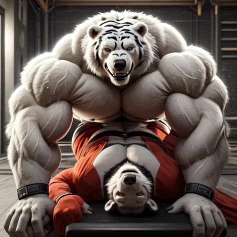 Bodybuilder white tiger and polar bear posing in side chest position and flexing in gym with grin face and big erect  and sweat body.
