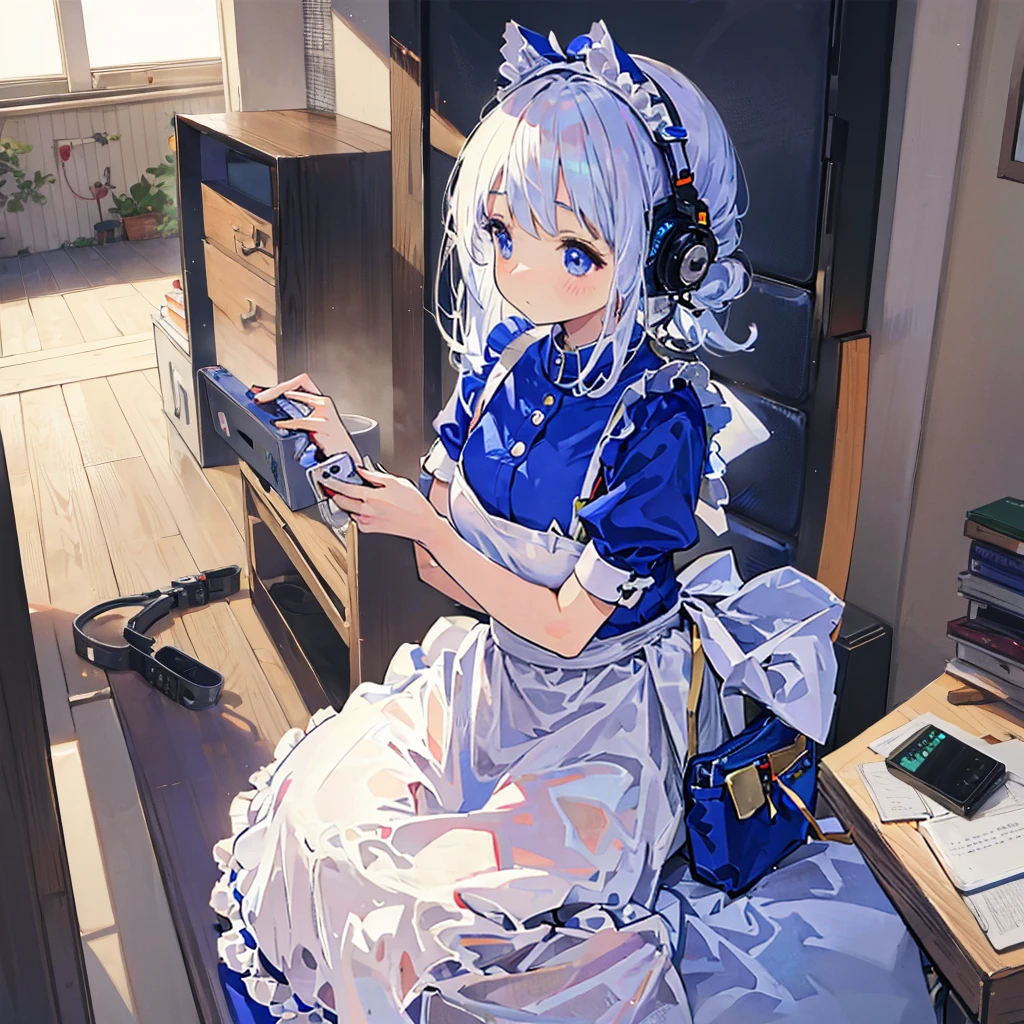 (Anime girl), ((manga style)), maid costume, ((handing camera a gift box)), she is mbarresed, she is flustered, good illustration, office setting, window background, reflections, nylon