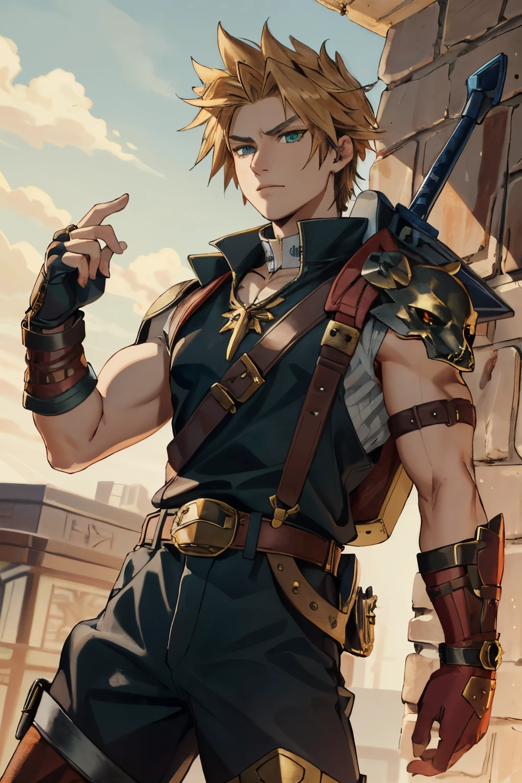 A wide angle full-length shot of Zepheus, Zepheus has a lean yet muscular warrior’s build, dirty blonde hair styled in a swept-back spiky manner partially covering one piercing blue-green eye, His fair olive skin tone contrasts with his hair, Defined facial features like jawline and cheekbones, His outfit features a combat dark blue-green tunic with gold embellishments and intricate patterns, Greek-style leather greaves and vambraces have steampunk-esque accents, Earth-toned fantasy boots are accented in bronze and copper, a metal wolf skull pauldron over one shoulder adds a touch of fantasy, Red colored trim details throughout the ensemble tie the look together and symbolize Zepheus’ connection to underworld deities and realms, his design reflects his unique heritage and conflicting loyalties, 4K, masterpiece, high details, 4K, cloud strife, shoulder armor, sleeveless turtleneck, suspenders, belt, baggy pants, gloves, bracer, boots, ZagreusHades, ootLink, hat, green tunic, belt, fingerless gloves, boots, weapon on back,