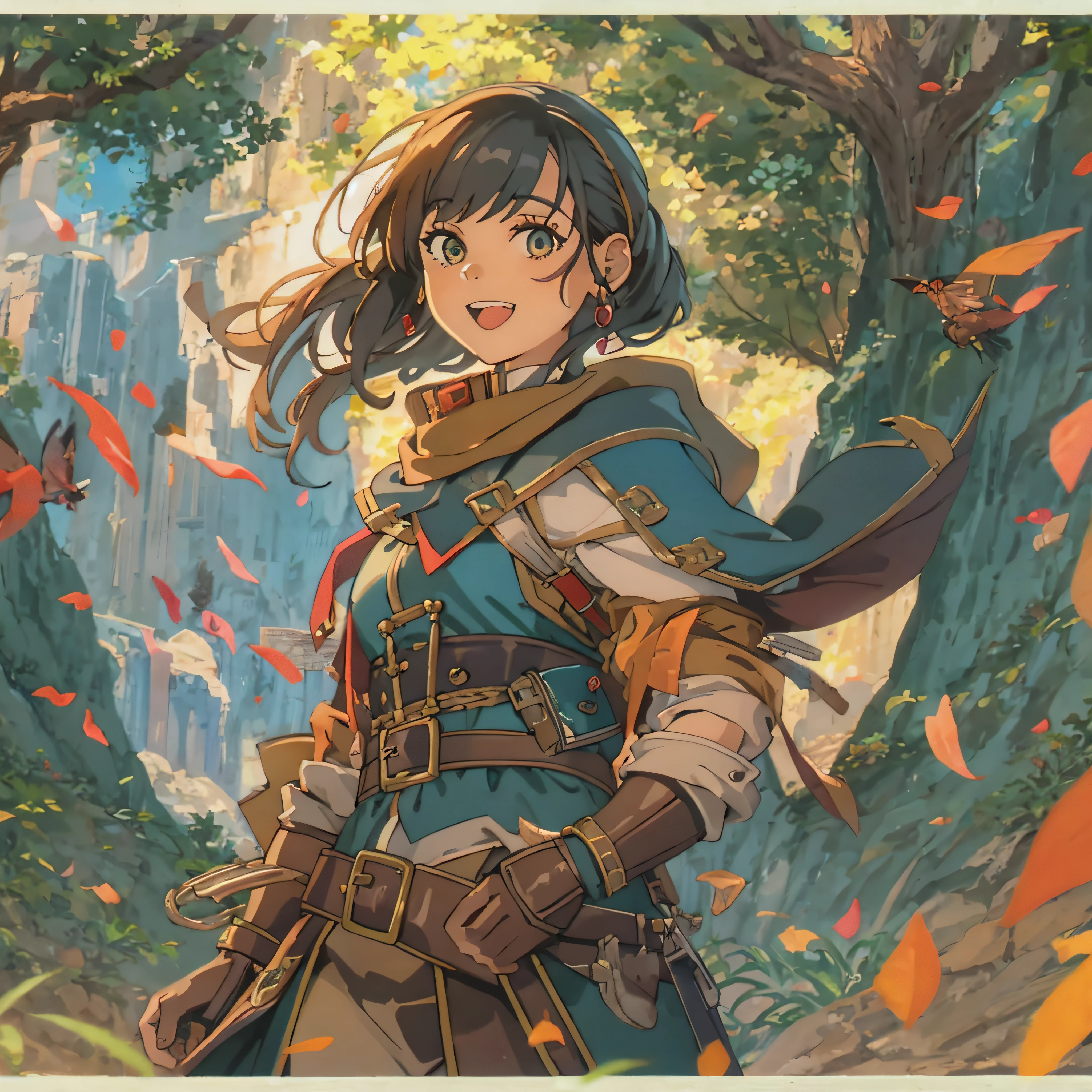 Solo heroic female adventurer in a medieval high fantasy ISEKAI setting, vibrant colors, upbeat tone, energetic, happy to see you, 90's, vintage feel