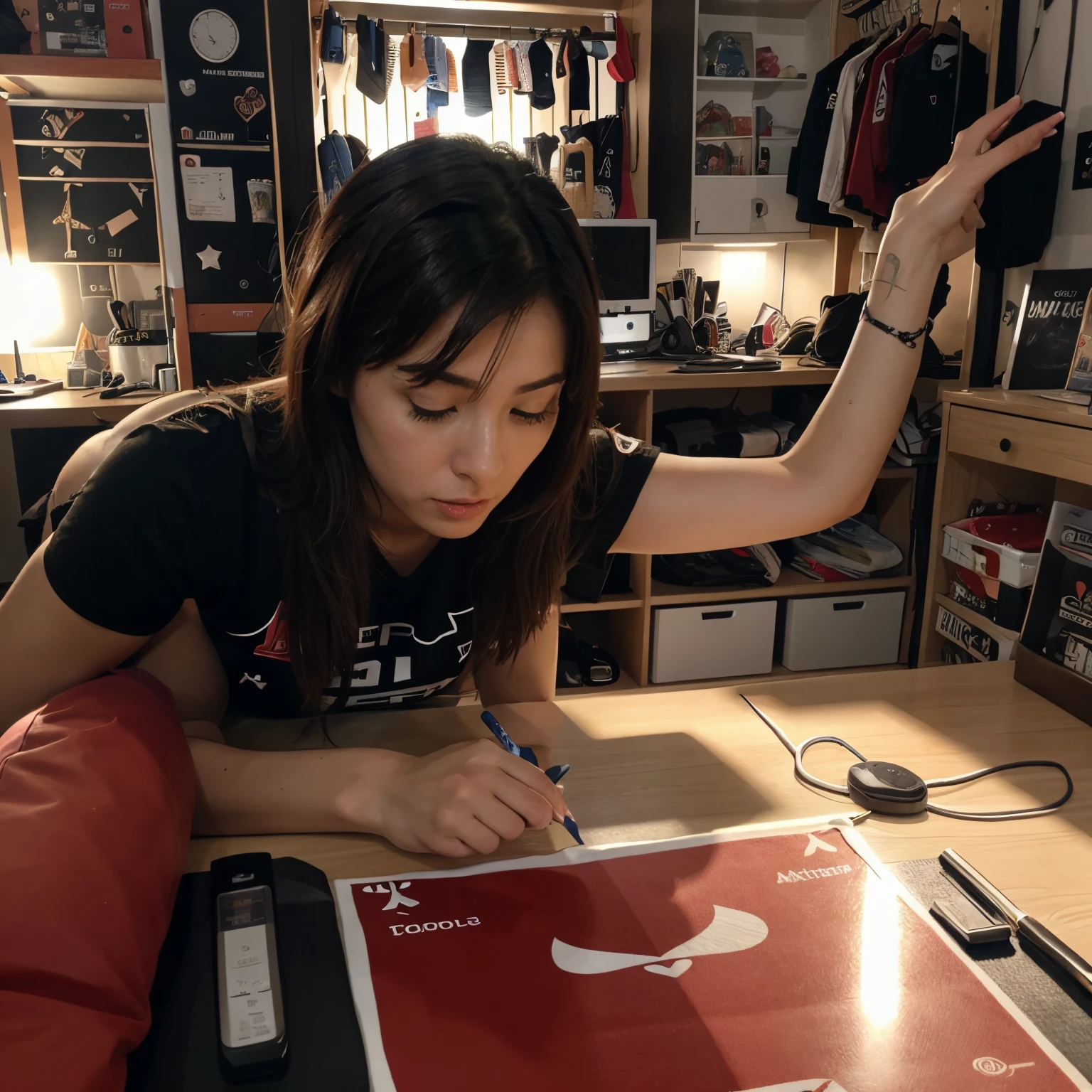 Woman sitting at a table writing on a piece of paper - SeaArt AI