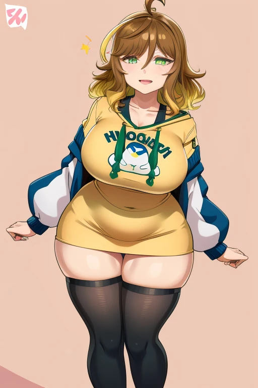 amicia michella - nijisanji, 1girl, (((bimbo))), brown short hair, yellow inner hair, wavy hair, green eyes, (((bimbo))), thin lips, painted lips, shy smile face, wide hips, thick thighs, huge round ass, shiny oily breasts, casual clothes, full body, department store, nsfw