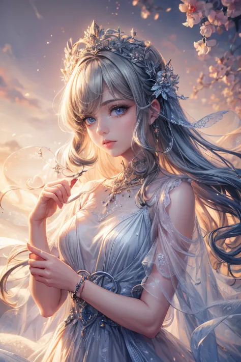 (high quality:1.4),(masterpiece:1.4),ultra-detailed,8K,CG,beautiful,upper body,lonesome,thumb girl,little princess,Chiffon court gown,garden background,detailed facial features,long curly hair,almond-shaped eyes,exquisite eye makeup,long and thick eyelashe...
