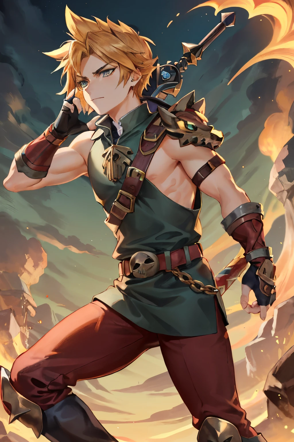 A wide angle full-length shot of Zepheus, Zepheus has a lean yet muscular warrior’s build, dirty blonde hair styled in a swept-back spiky manner partially covering one piercing blue-green eye, His fair olive skin tone contrasts with his hair, Defined facial features like jawline and cheekbones, His outfit features a combat dark blue-green tunic with gold embellishments and intricate patterns, Greek-style leather greaves and vambraces have steampunk-esque accents, Earth-toned fantasy boots are accented in bronze and copper, a metal wolf skull pauldron over one shoulder adds a touch of fantasy, Red colored trim details throughout the ensemble tie the look together and symbolize Zepheus’ connection to underworld deities and realms, his design reflects his unique heritage and conflicting loyalties, 4K, masterpiece, high details, 4K, cloud strife, shoulder armor, sleeveless turtleneck, suspenders, belt, baggy pants, gloves, bracer, boots, ZagreusHades, ootLink, hat, green tunic, belt, fingerless gloves, boots, weapon on back,