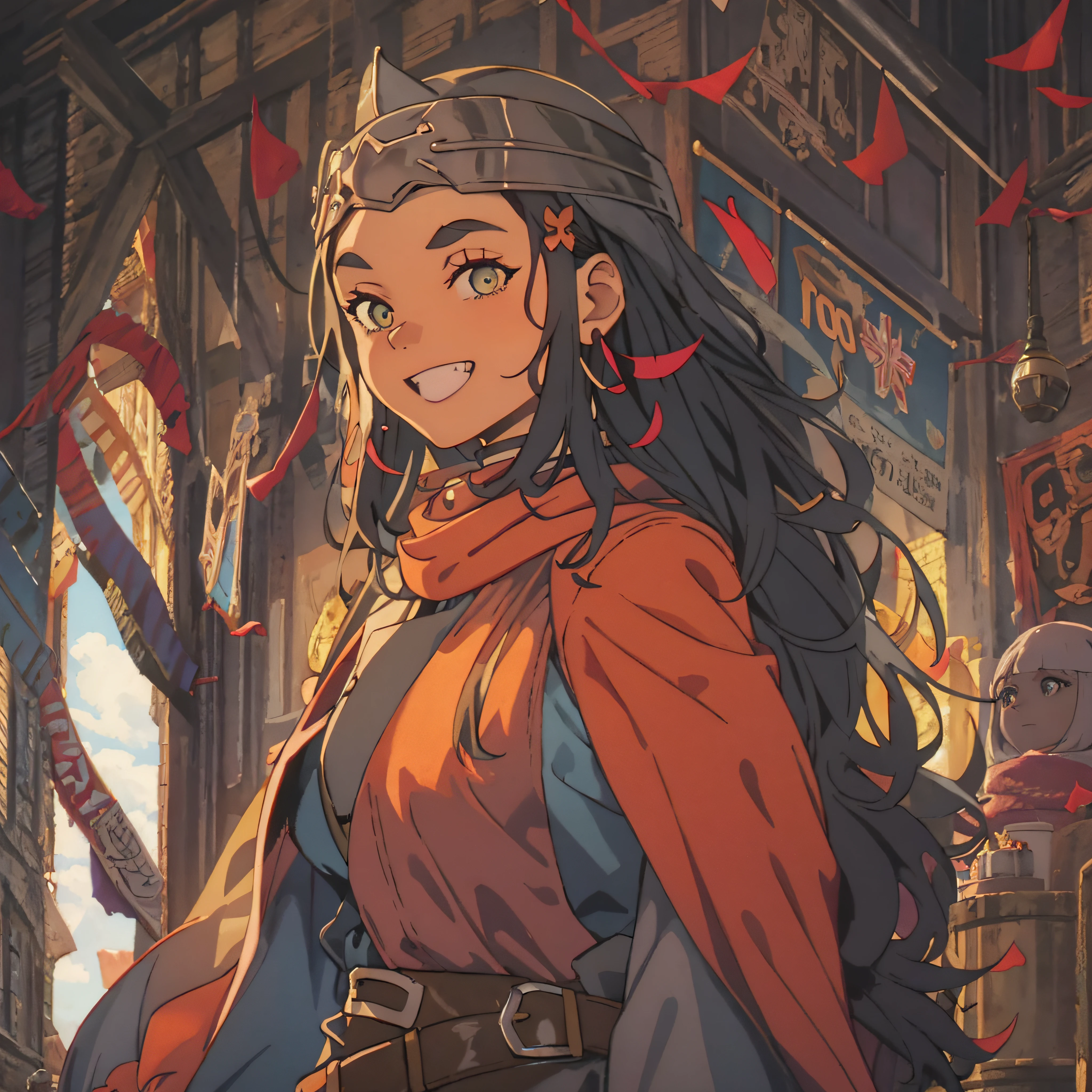 Portrait of a Solo heroic female adventurer in a medieval high fantasy ISEKAI setting, vibrant colors, upbeat tone, energetic, happy to see you, 90's, vintage feel