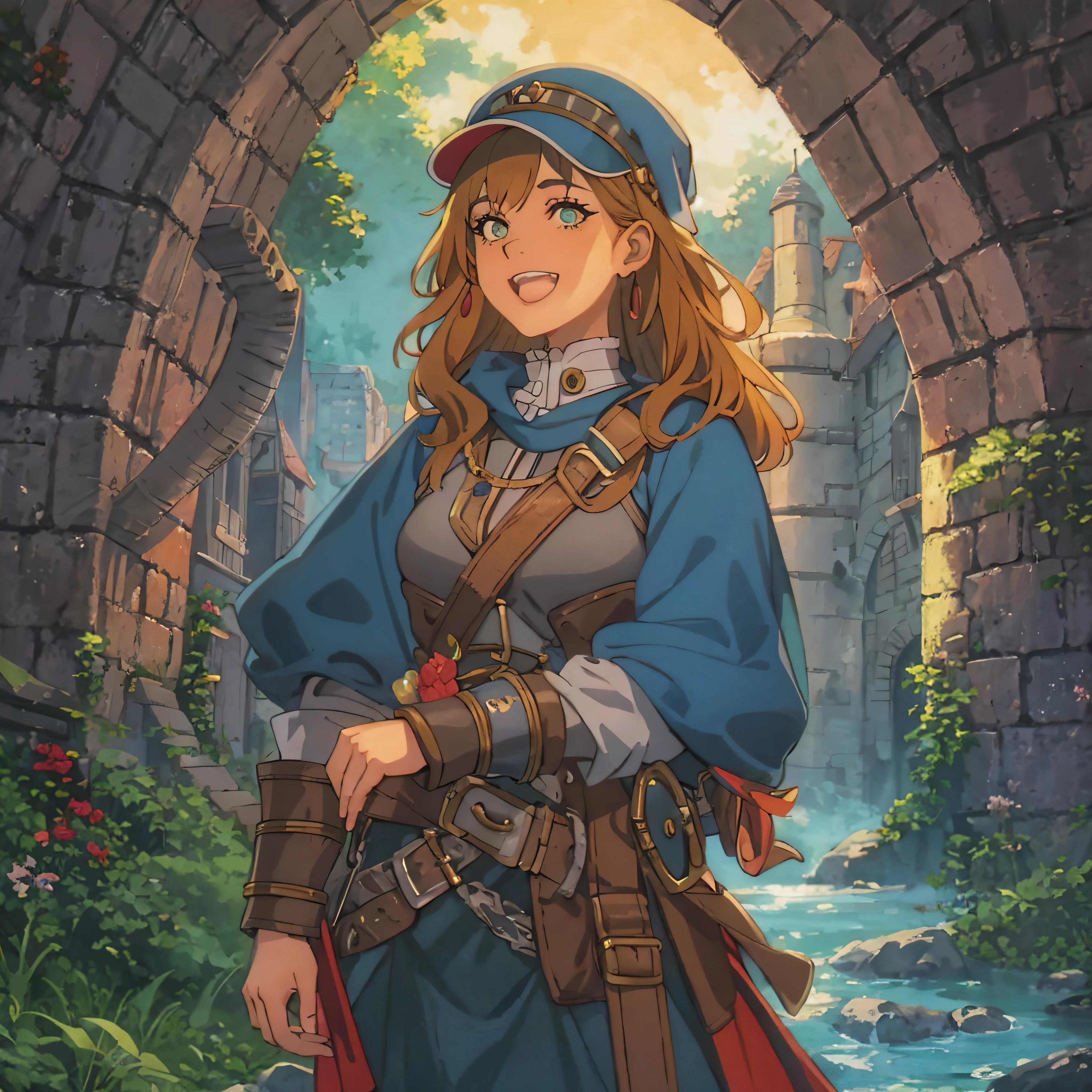 Portrait of a Solo heroic female adventurer in a medieval high fantasy ISEKAI setting, vibrant colors, upbeat tone, energetic, happy to see you, 90's, vintage feel