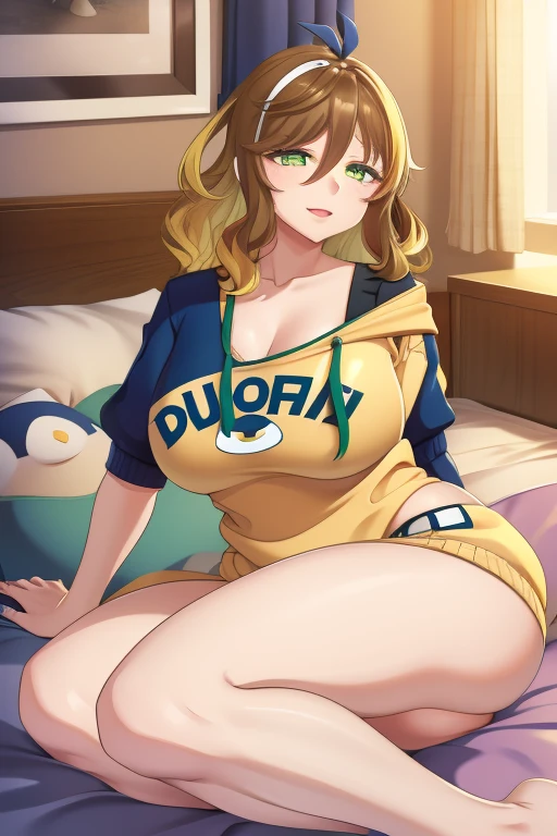 amicia michella - nijisanji, 1girl, (((bimbo))), brown short hair, yellow inner hair, wavy hair, green eyes, (((bimbo))), thin lips, painted lips, shy smile face, wide hips, thick thighs, huge round ass, shiny oily breasts, casual clothes, full body, queen size bed, prone pose, nsfw