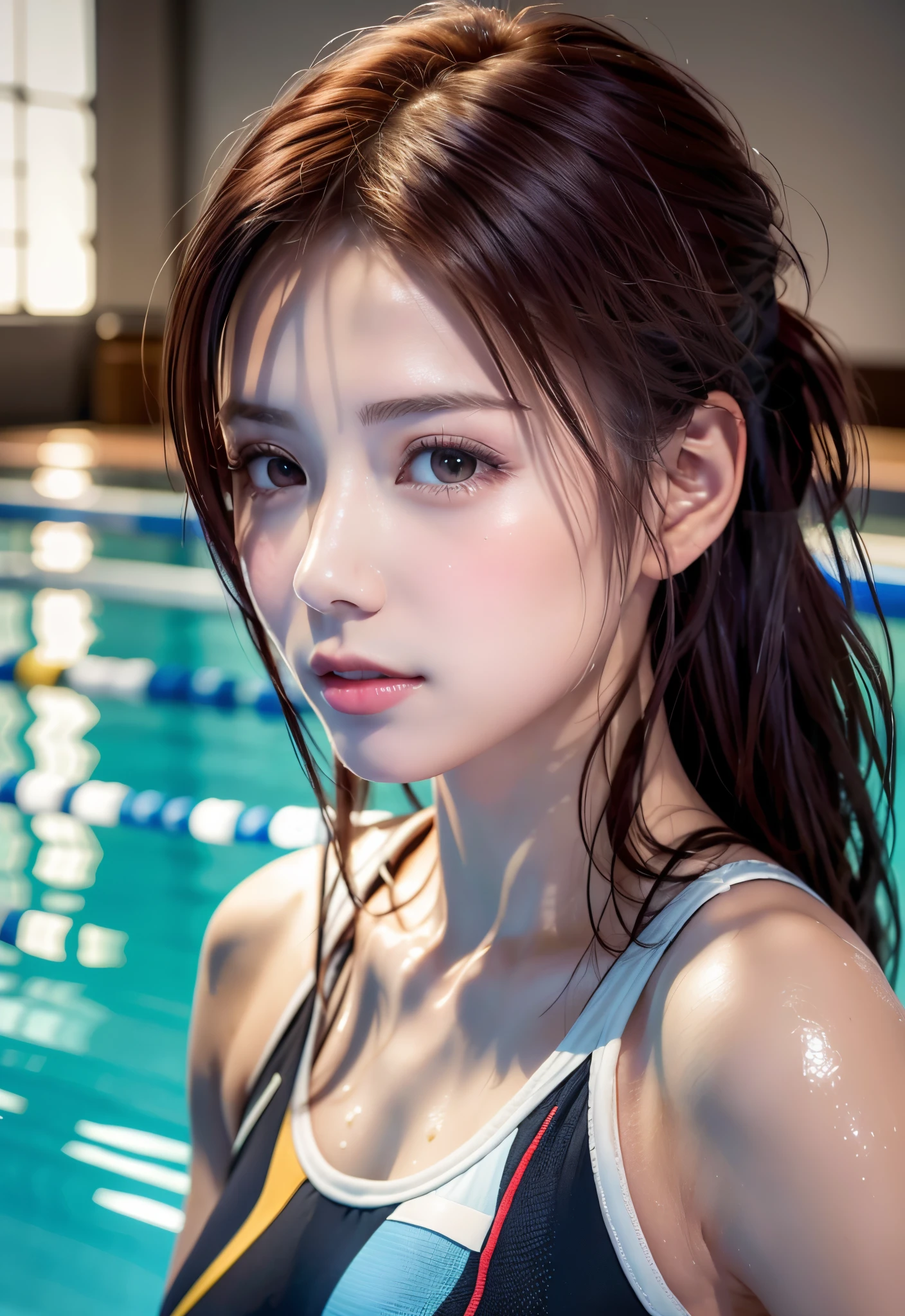 8K, of the highest quality, masutepiece:1.2), (Realistic, Photorealsitic:1.3), of the highest quality, masutepiece, Beautiful young woman, Pensive expression, Thoughtful look, Competitive swimmers、swim wears、Hair tied back, Cinematic background, Light skin tone、wetted skin