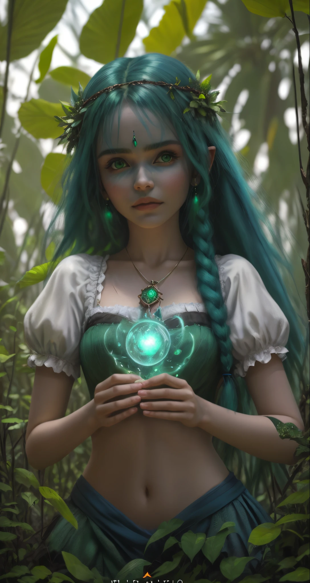 garota de cabelo azul, uma garota na floresta, cartaz do filme de fantasia, garota de cabelo azul,  garota em uma floresta ao anoitecer, magia por todo o lugar, por do sol, Jinx de Arcane, garota em um jardim cheio de flores, vestígios de magia verde, magia verde