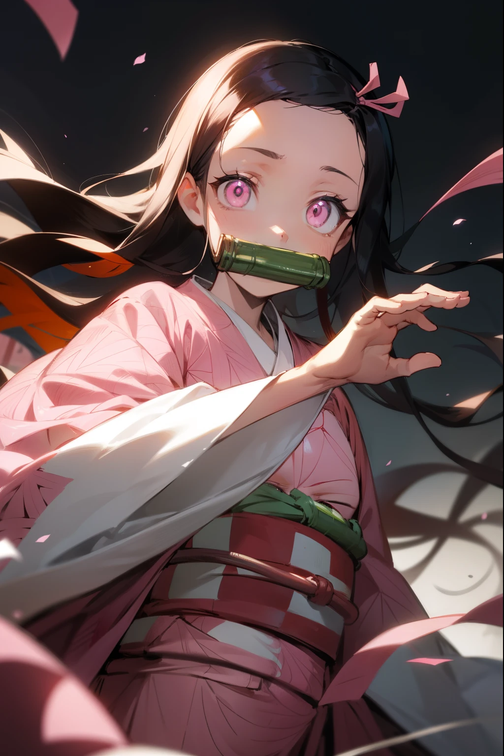 Nezu furnace, nezuko kamado, Bamboo, (bit gag:1.5), Black hair, (Forehead:1.5), gag, Gagged, Hair Ribbon, Long hair, multicolored hair, (Pink eyes:1.5), Orange hair, Slit pupils, Wavy Hair, Two-tone hair,
Break asa is not (Pattern), Checkered sash, haori, common, kimono, Long sleeves, obi, Pink kimono, sash, wariza,  Wide sleeves,
BREAK looking at viewer,
Break indoors,
BREAK (masutepiece:1.2), Best Quality, High resolution, Unity 8k Wallpaper, (Illustration:0.8), (Beautiful detailed eyes:1.6), extra detailed face, Perfect Lighting, extremely details CG, (Perfect hands, Perfect Anatomy),