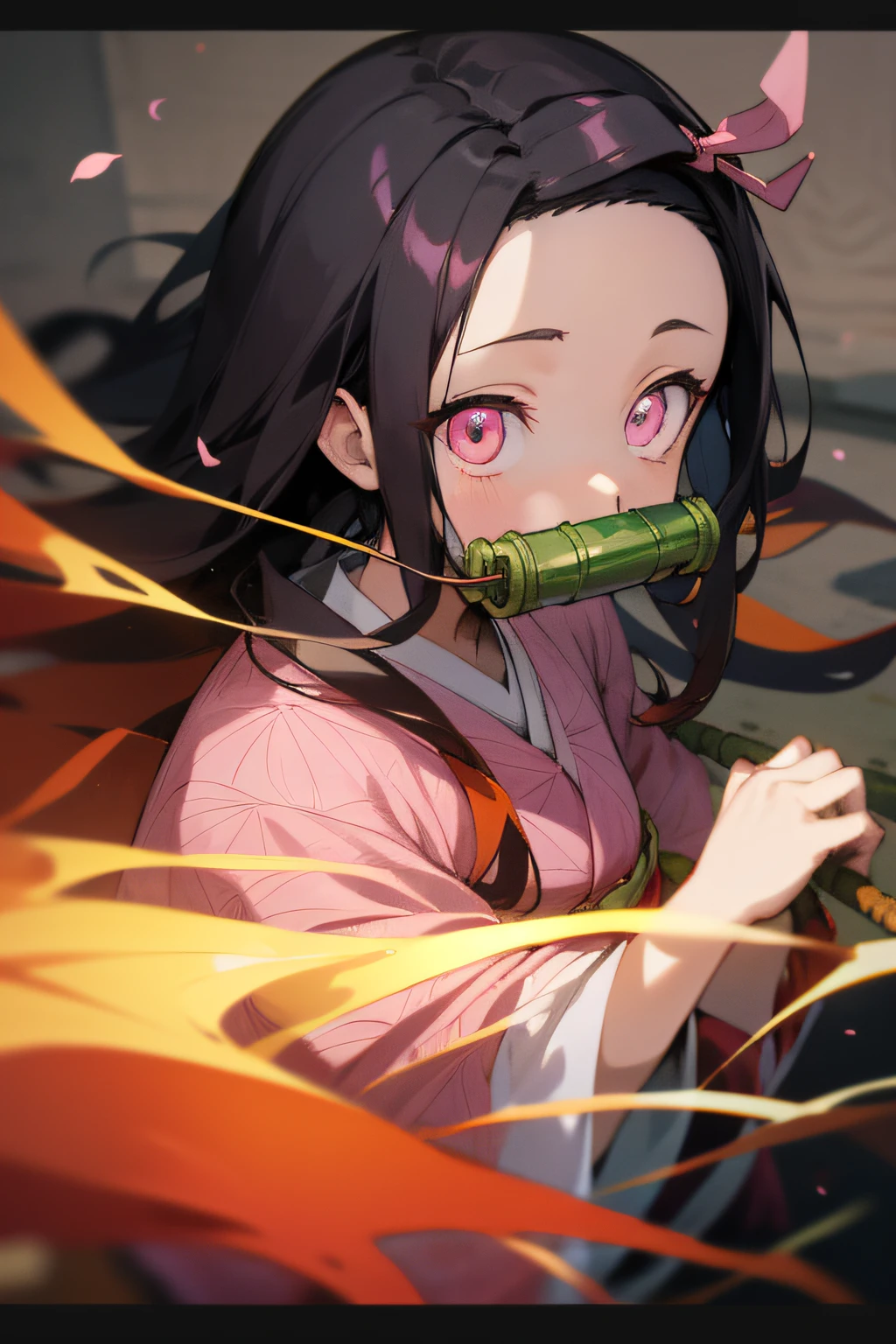 Nezu furnace, nezuko kamado, Bamboo, (bit gag:1.5), Black hair, (Forehead:1.5), gag, Gagged, Hair Ribbon, Long hair, multicolored hair, (Pink eyes:1.5), Orange hair, Slit pupils, Wavy Hair, Two-tone hair,
Break Asa is not (Pattern), Checkered sash, haori, common, kimono, Long sleeves, obi, Pink kimono, sash, wariza,  Wide sleeves,
BREAK looking at viewer,
Break indoors,
BREAK (masutepiece:1.2), Best Quality, High resolution, Unity 8k Wallpaper, (Illustration:0.8), (Beautiful detailed eyes:1.6), extra detailed face, Perfect Lighting, extremely details CG, (Perfect hands, Perfect Anatomy),