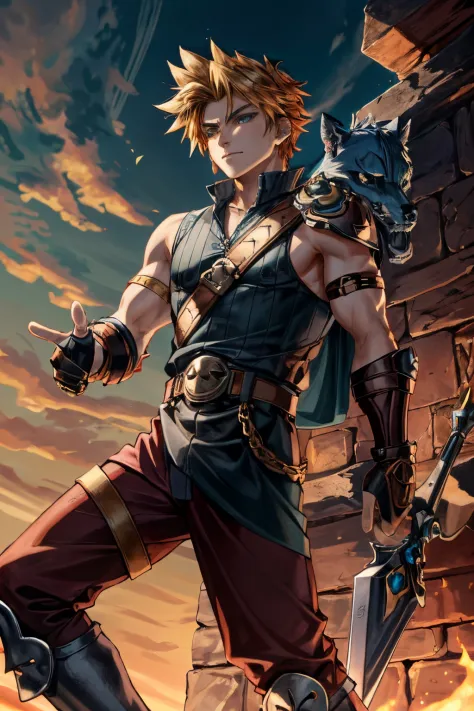 A wide angle full-length shot of Zepheus, Zepheus has a lean yet muscular warrior’s build, dirty blonde hair styled in a swept-b...