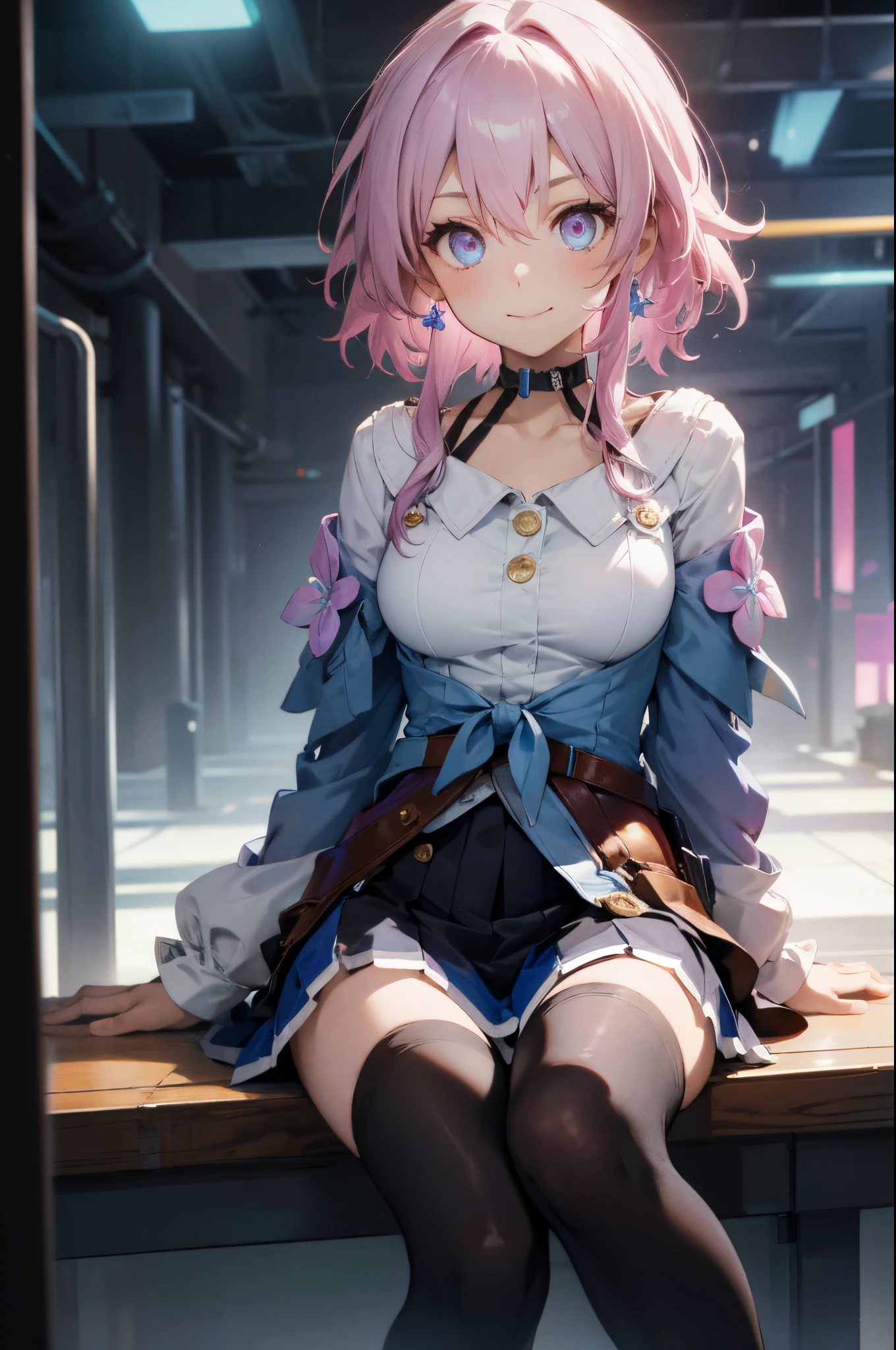(masterpiece), best quality, expressive eyes, perfect face, 1 girl, solo, march seventh, blue eyes, hair between eyes, medium hair, pink eyes, pink hair, two-tone eyes, ankle boots, archery shooting glove, badge, bare legs, black choker, black corset, black footwear, black gloves, blue jacket, blue skirt, boots, button badge, buttons, choker, collarbone, corset, earrings, flower ornament, gloves, high heel boots, high heels, jacket, jewelry, long sleeves, miniskirt, partially fingerless gloves, pleated skirt, shirt, single earring, single glove, skirt, thigh strap, tied jacket, underbust, white shirt, smiling, city, background, futuristic city, sitting on the ground, knees up, upper body, portrait, looking at the viewer
