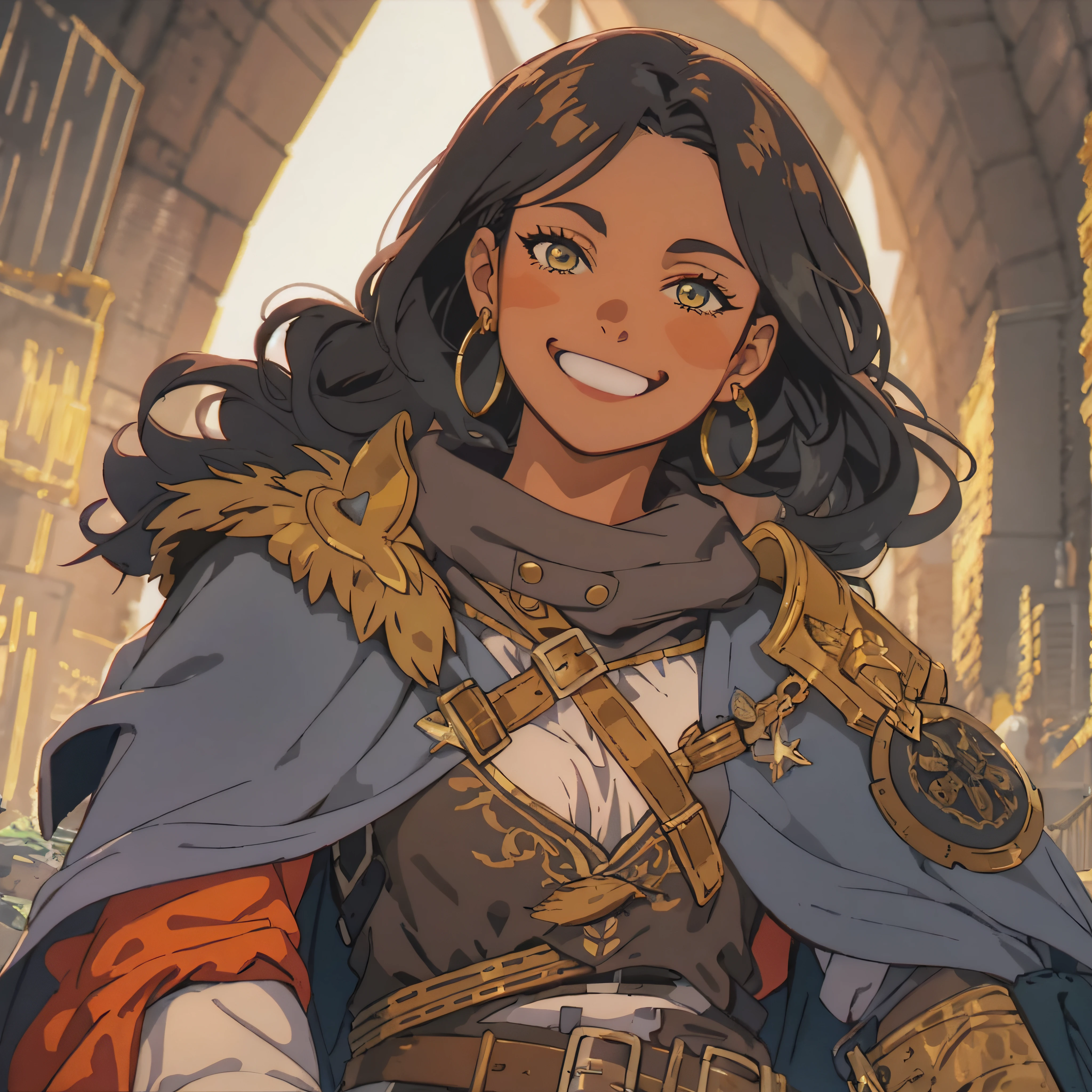 Portrait of a Solo heroic female adventurer in a medieval high fantasy ISEKAI setting, vibrant colors, upbeat tone, energetic, happy to see you, 90's, vintage feel