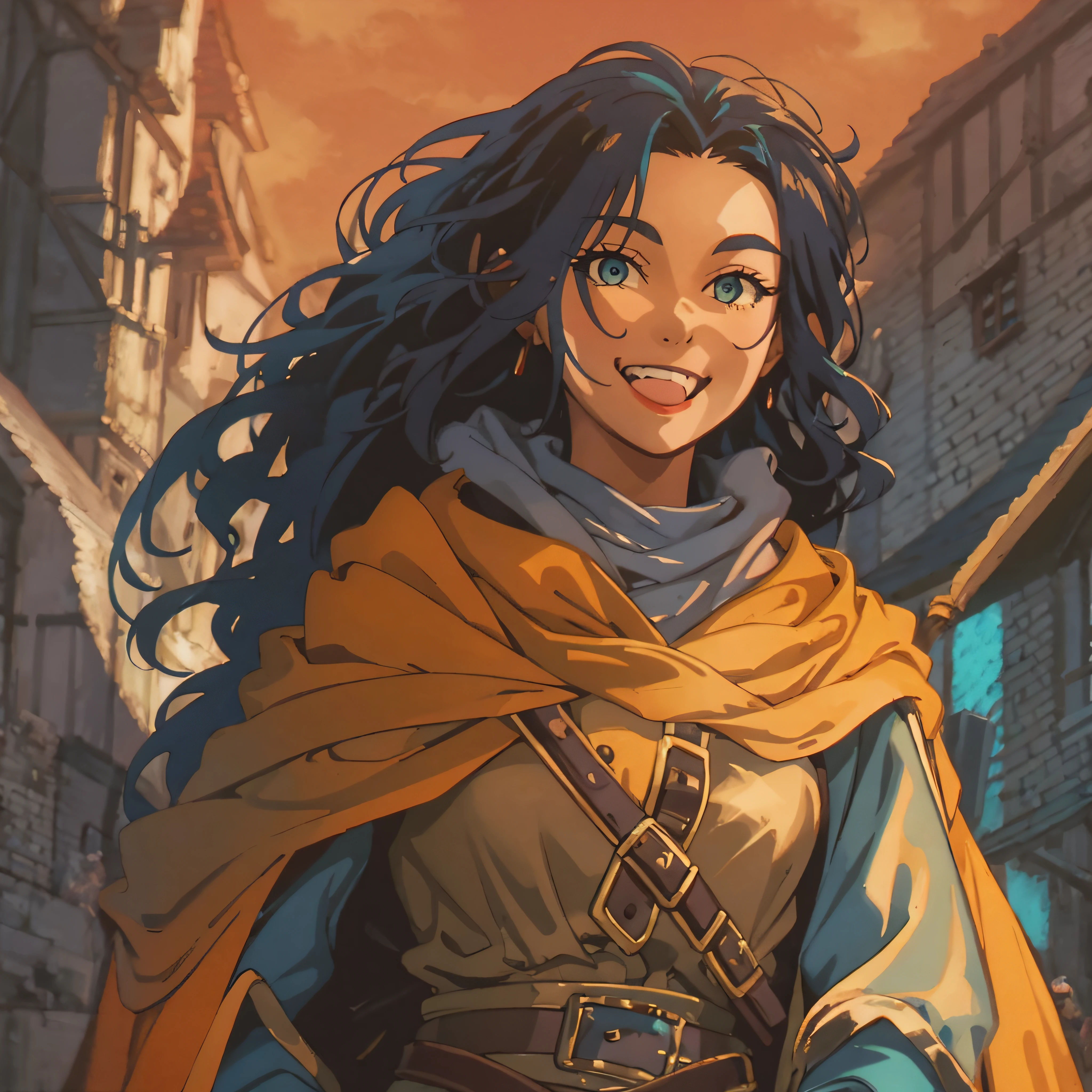 Portrait of a Solo heroic female adventurer in a medieval high fantasy ISEKAI setting, vibrant colors, upbeat tone, energetic, happy to see you, 90's, vintage feel