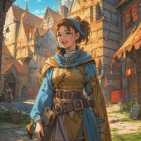 Portrait of a Solo heroic female adventurer in a medieval high fantasy ISEKAI setting, vibrant colors, upbeat tone, energetic, h...