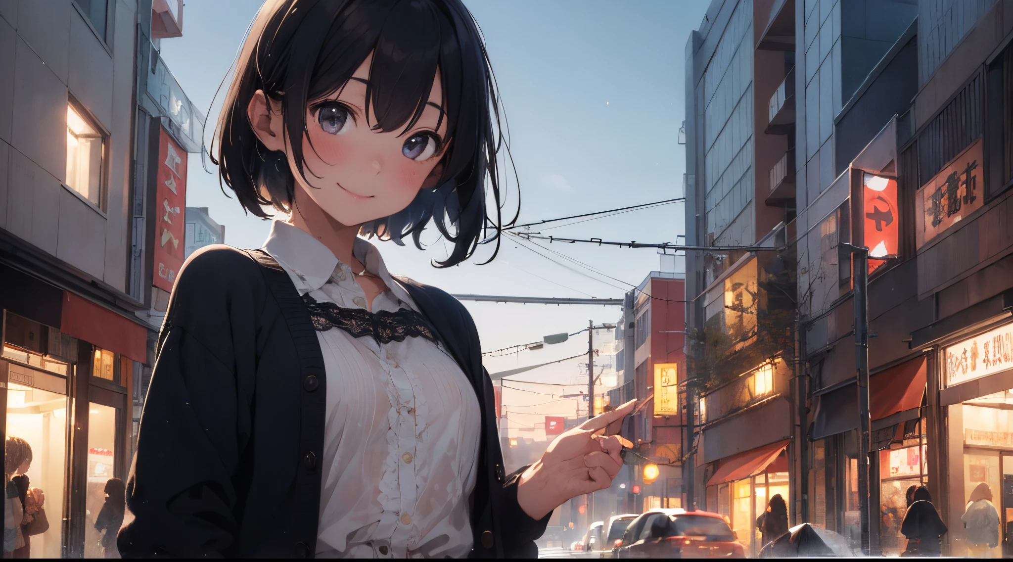 (8k, top quality, masterpiece: 1.2), (realistic, photorealistic: 1.37), super detailed, girl 1 person, 17 years old, solo, small breasts, beautiful detailed sky, Detailed mall, night, (blush), (smile: 1.15), (closed mouth), small, (shirt with collar: 1.1), night, wet, Floral Dress with Cardigan, rain, white lace, (short hair: 1.2), floating hair NovaFrogStyle,