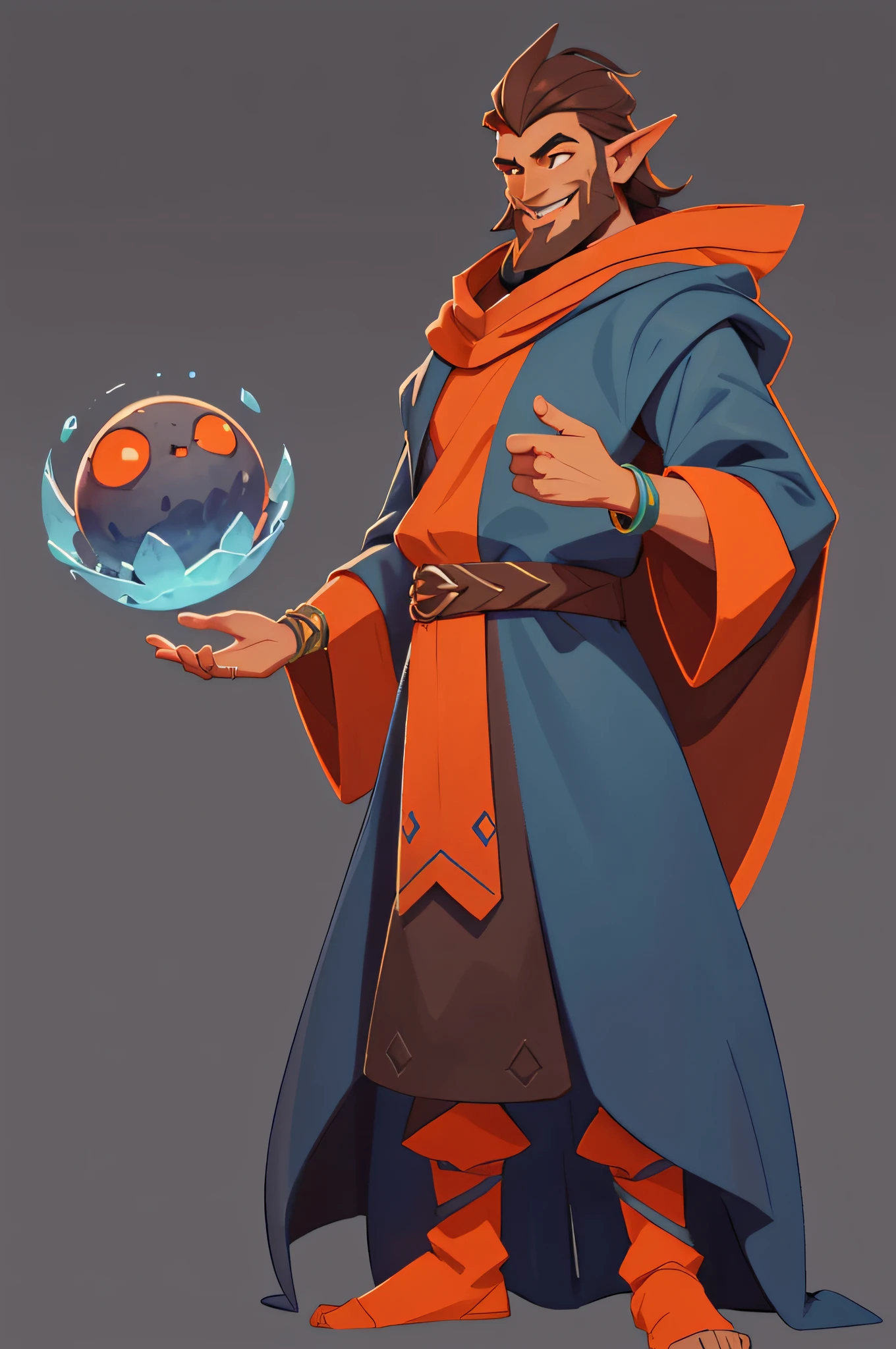 1boy, monster with DARK ORANGE SKIN, pointed ears, broad nose, BROWN BEARD, wearing wizard robes(blue and orange), mstoconcept art, european and american cartoons, game character design, solo, BACKGROUND, GRAY BACKGROUND, WIZARD, FULL BODY, STANDING, SMILING, ROBE, HOOD, JEWELRY, BRACELET, WIDE SLEEVES, BELT, GEMSTONE, LONG SLEEVES,
