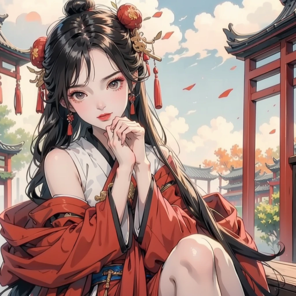 Black hair, Brown eyes, shairband, ribbons, Gold beaded butterfly hairpin，With the clouds，Red belt, Blue Hanfu,, Horse face skirt，Mr fan, Fan in hand, BREAK outdoors, a temple background, China-style，BREAK looking at viewer, BREAK BREAK BREAK (tmasterpiece:1.2), Best quality at best, A high resolution, Unity8k wallpapers, (illustratio:0.8), (Beautiful and delicate eyes:1.6), Extremely detailed face, perfect litthing, extremely higly detailed, (Perfect hands, perfect anatomia),