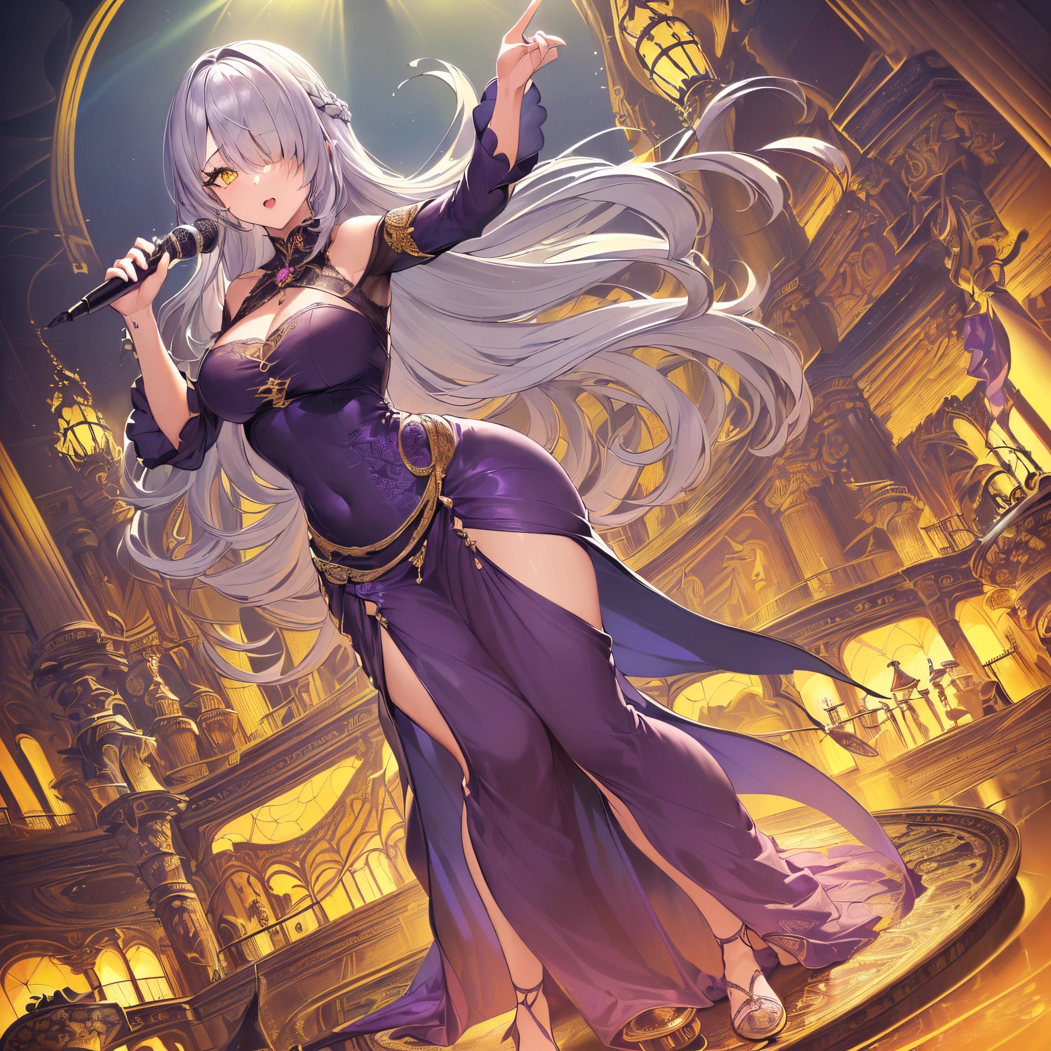 ((1girl, solo, yellow eyes, pupils, witch, tall, masterpiece, mature woman, cute, best quality, highest quality, highly detailed, colorful, beautiful, intricate details, singing, sultry, lounge singer, standing microphone, long dress, slit dress, purple dress, absurdres, silver hair, long hair, hair over one eyes, absurd detail))