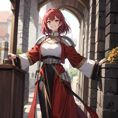 Portrait of a solo smug female sorcerer beautiful dress mixed with steel armor in a medieval high fantasy ISEKAI setting, vibran...