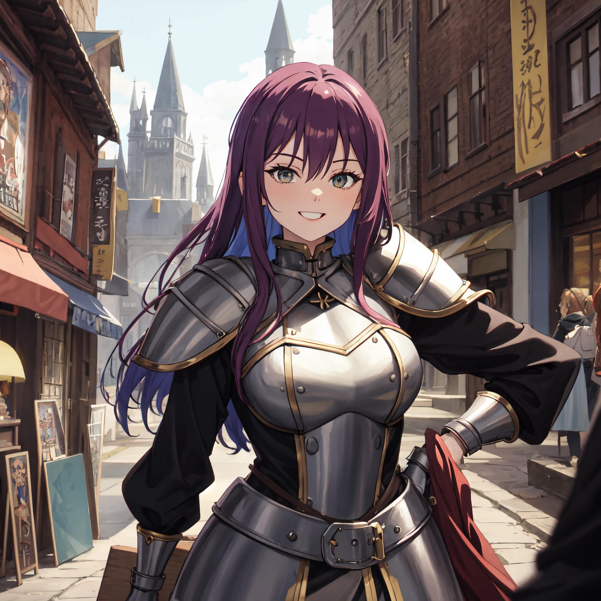 Portrait of a solo smug female sorcerer beautiful dress mixed with steel armor in a medieval high fantasy ISEKAI setting, vibrant colors, upbeat tone, energetic, happy to see you, 90's, vintage feel