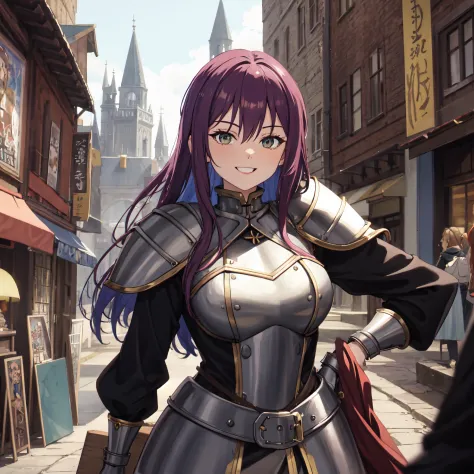 Portrait of a solo smug female sorcerer beautiful dress mixed with steel armor in a medieval high fantasy ISEKAI setting, vibran...
