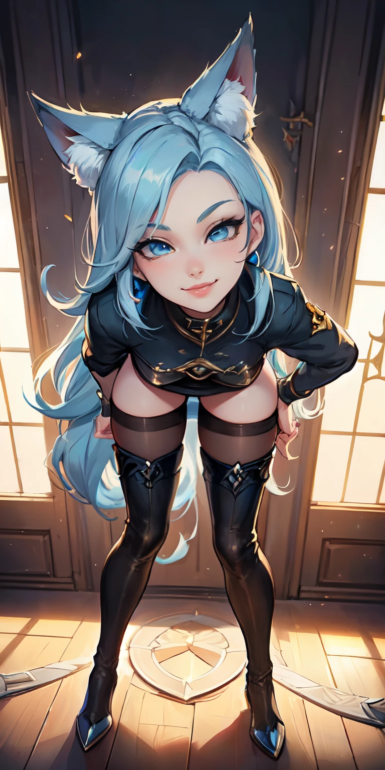 Masterpiece, 8k, art style by sciamano240, very detailed face, detailed clothes, detailed fabric, 1girl, ( Death sworn Katarina (league of legends 1.1)) beautiful face, asymmetrical long hair, light blue hair, wearing Prada top, Dior thigh boots, pencil mini skirt, black stockings, very detailed blue cat eyes, cute smirk, on knees looking up , sunny day, full body view,