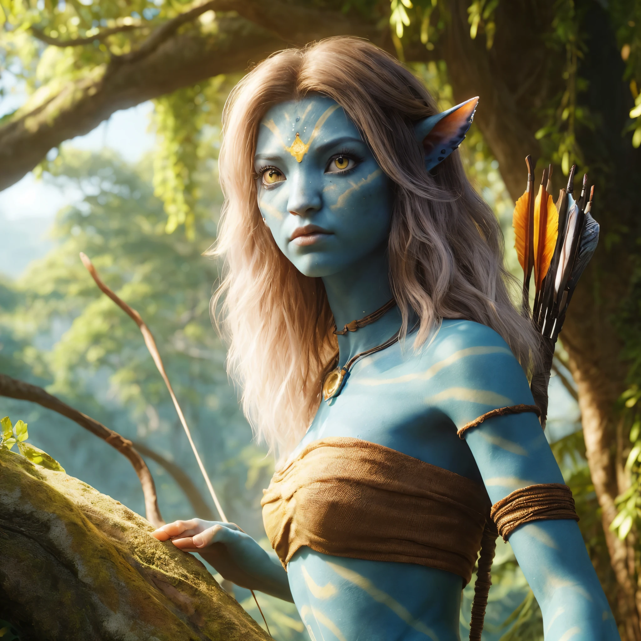 A woman with blue paint and arrows in a forest - SeaArt AI