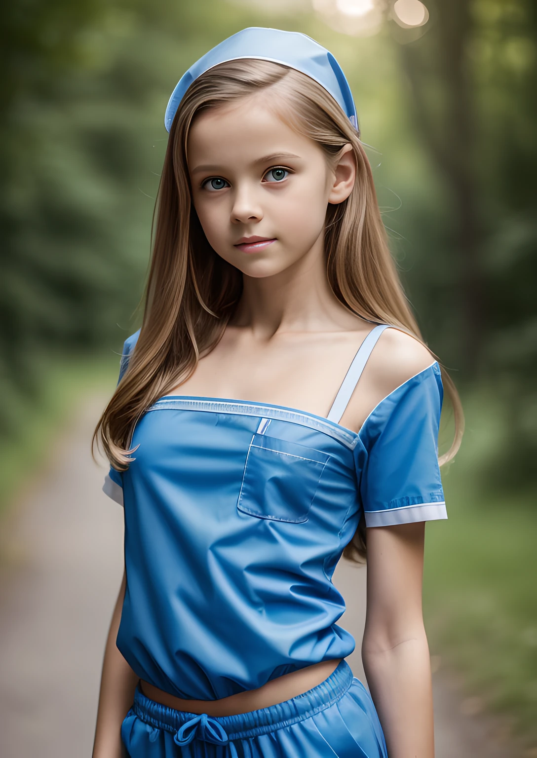 Arafed Girl In Blue Dress Posing For A Picture In The Woods Seaart Ai