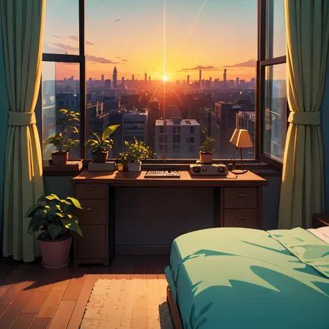Album art for a lofi album,  a cozy bedroom room with a large window overlooking the city at sunrise, some plants in room, a tab...