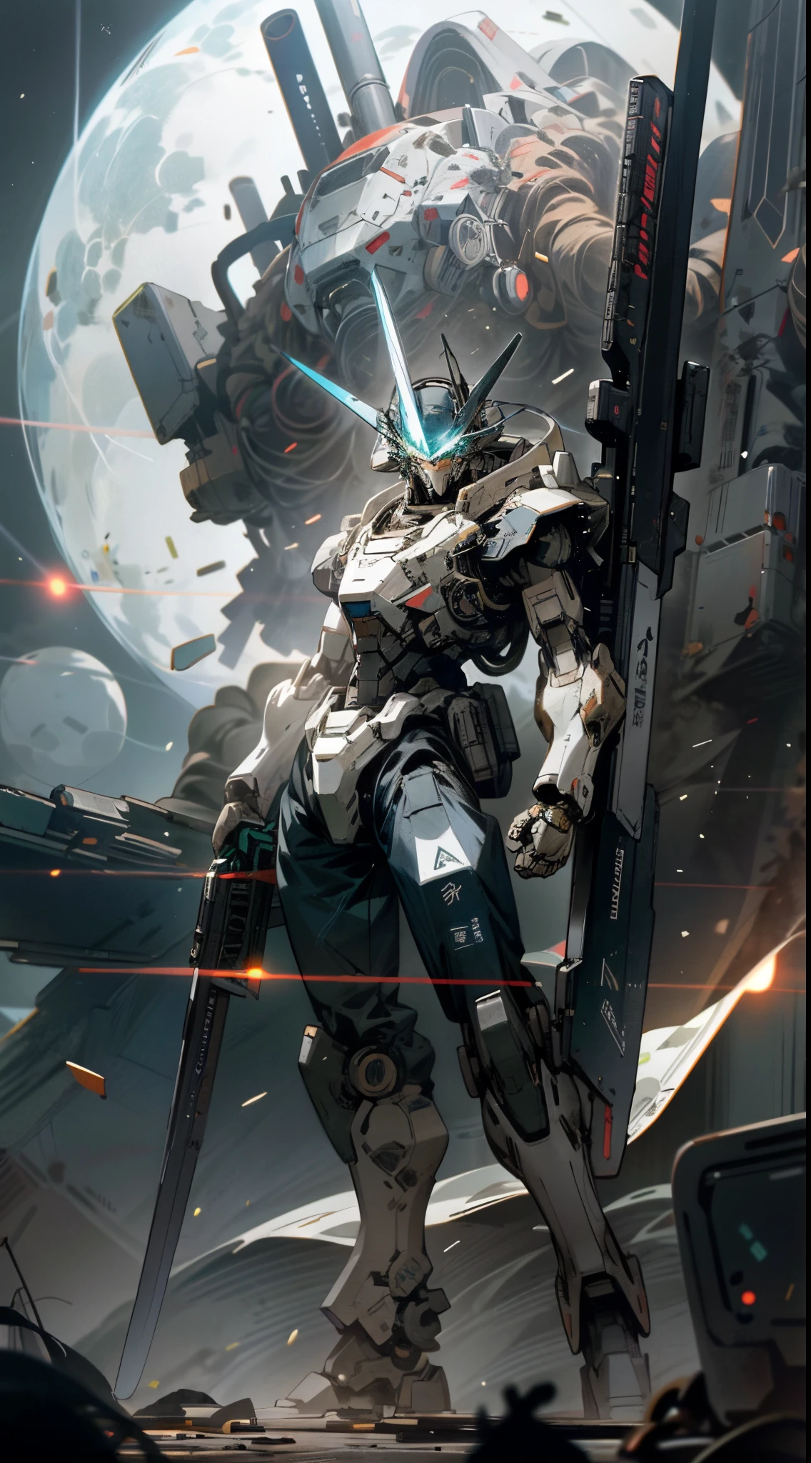 space, holding_weapon, no_humans, glowing, giant robot, flying, rifle at viewer,point at viewer,, destroyed space colony, ruins, glowing_eyes, mecha, science fiction, satellite orbit, reality, mech, wearing a shield on its back,