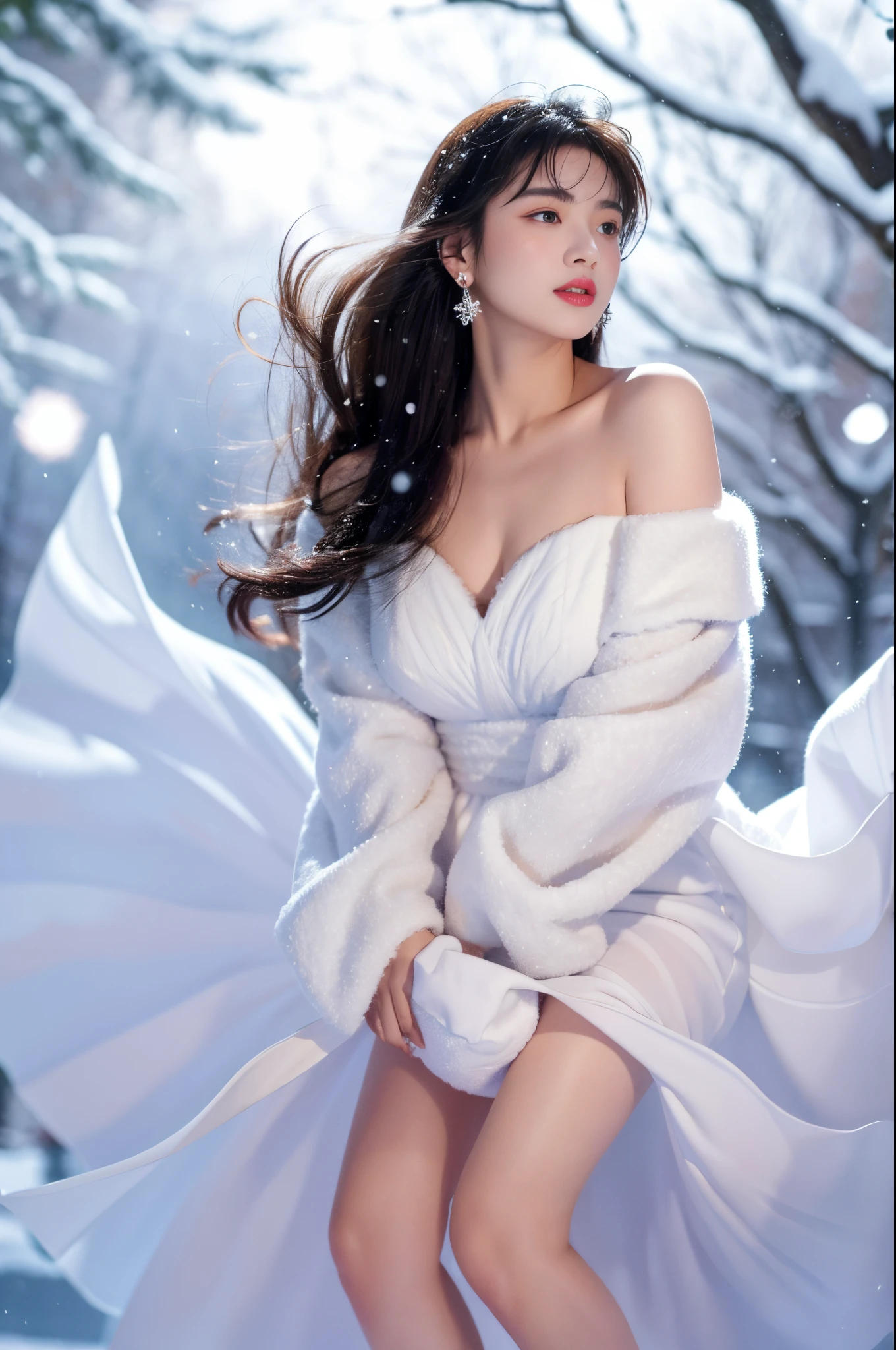 tmasterpiece、quality、ultra - detailed、Marilyn Tugue ， Focus on the thighs and above，Clear face，（Best quality）， beuaty girl：1.5、(Red fluffy off-shoulder dress style)，long hair fluttering，Snowflake earrings、snowflakes falling、bblurry、Snow World