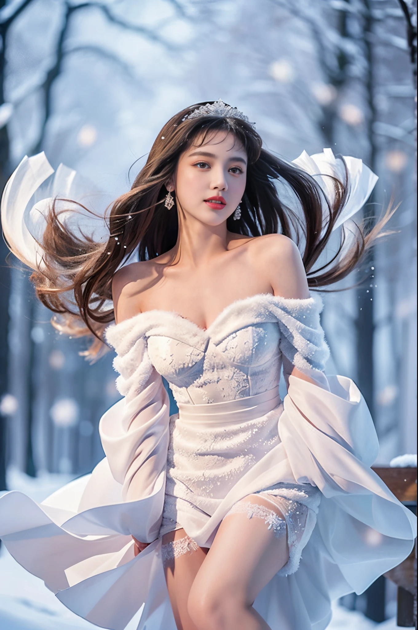 tmasterpiece、quality、ultra - detailed、Marilyn Takiocus Located on the thighs and above，Clear face，（Best quality）， beuaty girl：1.5、(Red fluffy off-shoulder dress style)，long hair fluttering，Snowflake earrings、snowflakes falling、bblurry、Snow World