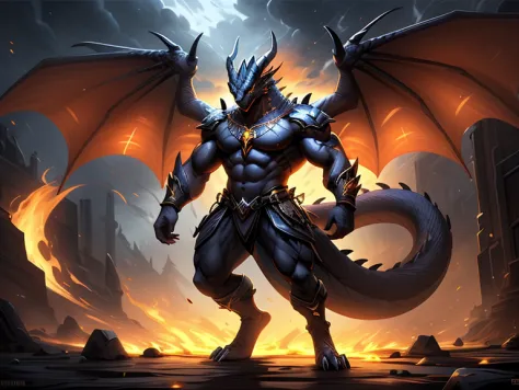 Final fantasy 14 male anthro bahamut, bahamut with huge dragon wings, masterpiece, HD, High quality. full body